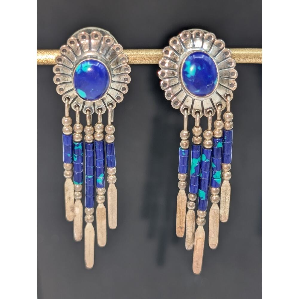 Vintage QT Sterling Native American Azurite Dangle Post Earrings
